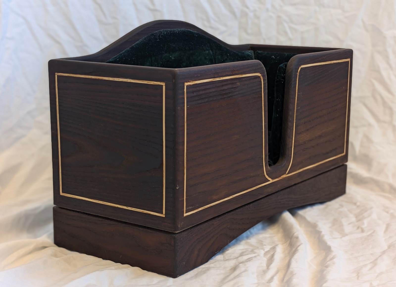 Finished cello box in heat-treated ash with poplar inlay, three-quarter view