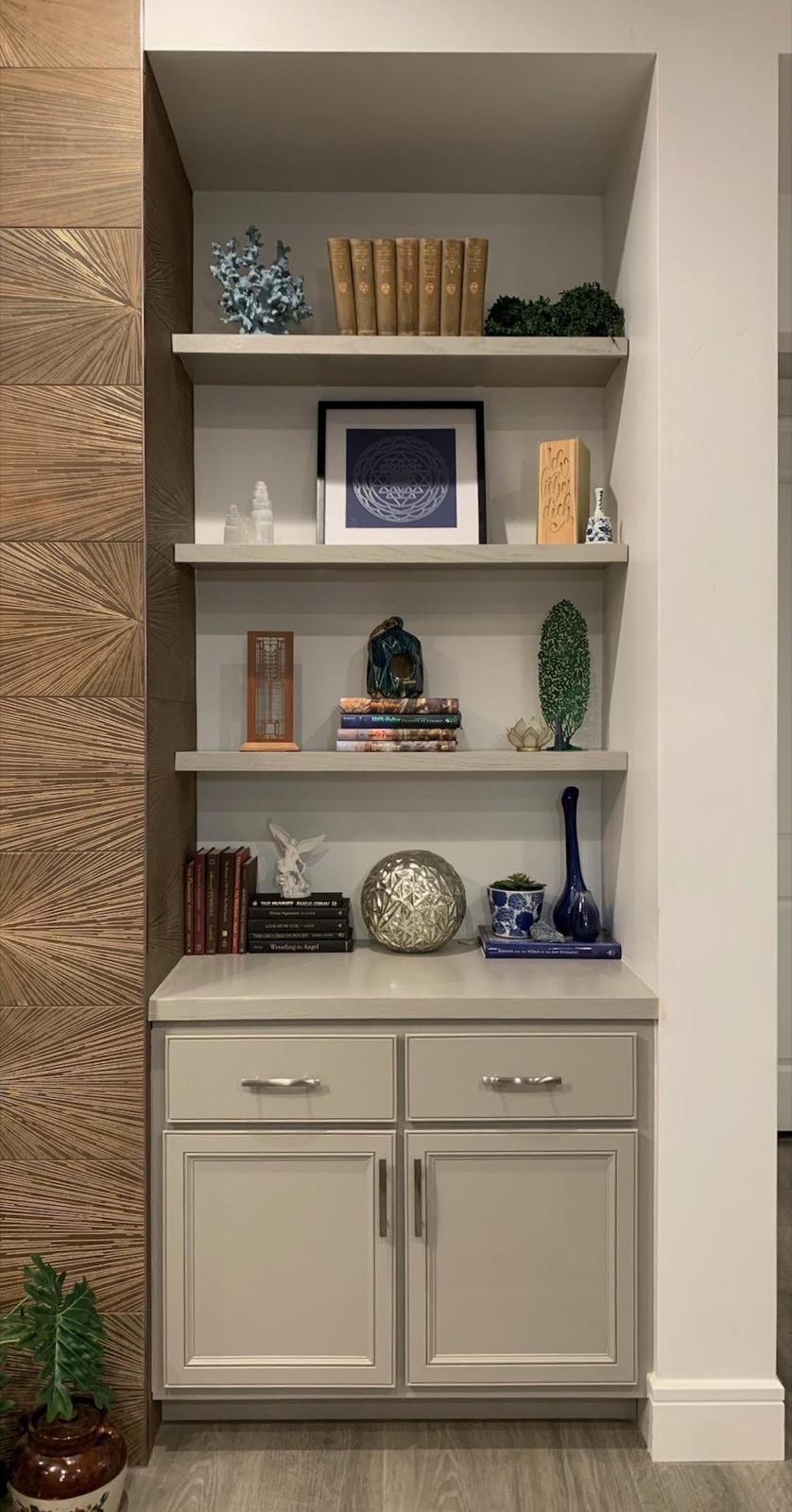 Finished built-in shelving, hand-built by Millhand Co.
