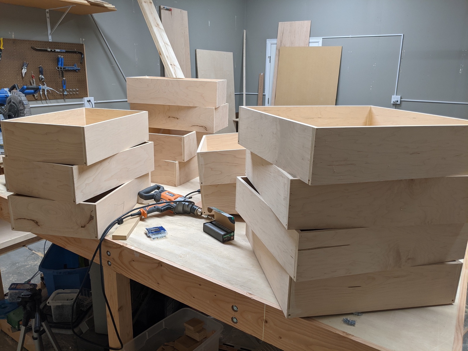 Drawer boxes built for the garage cabinets