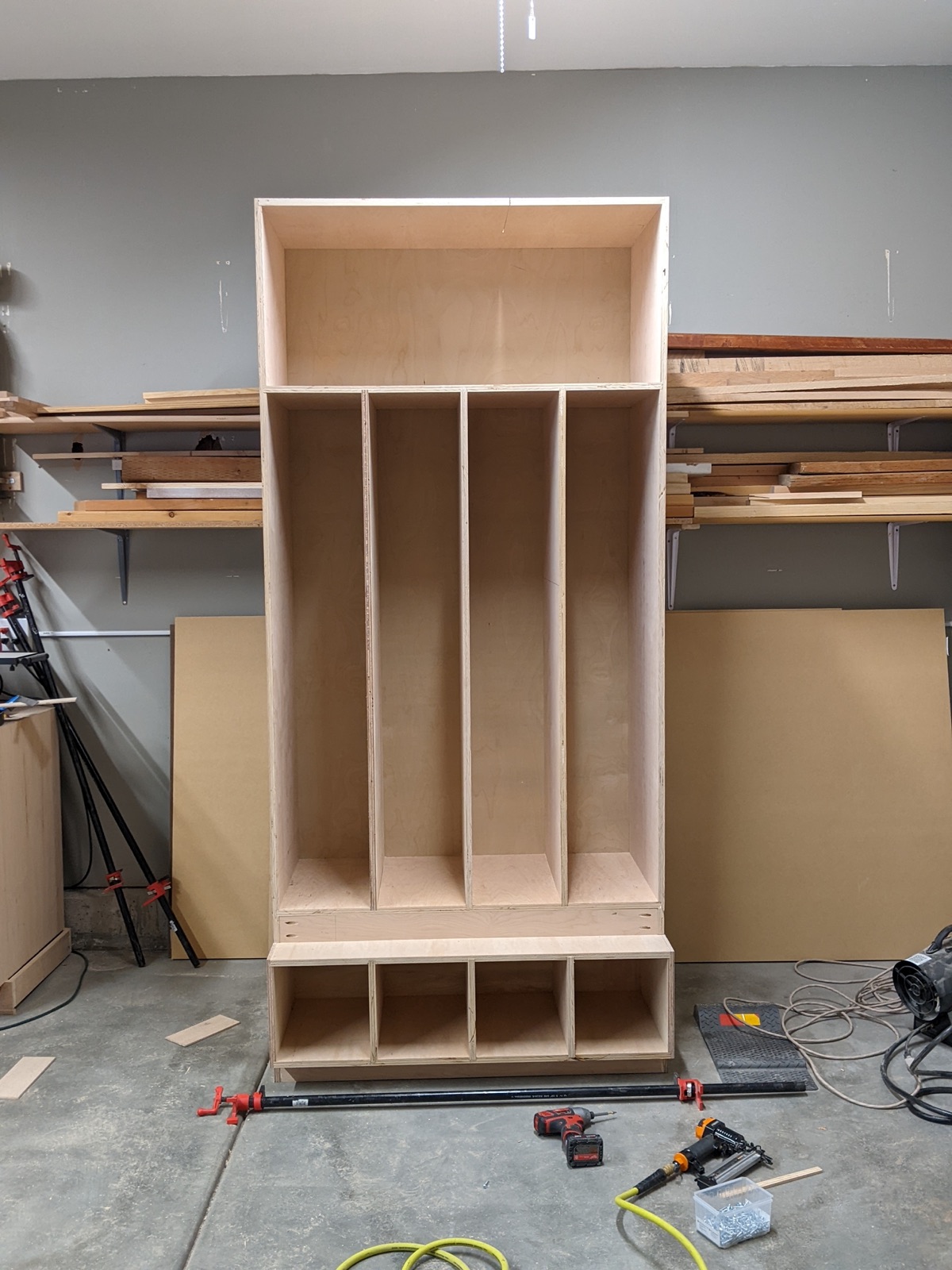 Cabinets and cubbies assembled