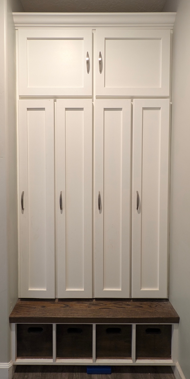 Finished mudroom cabinets and cubbies