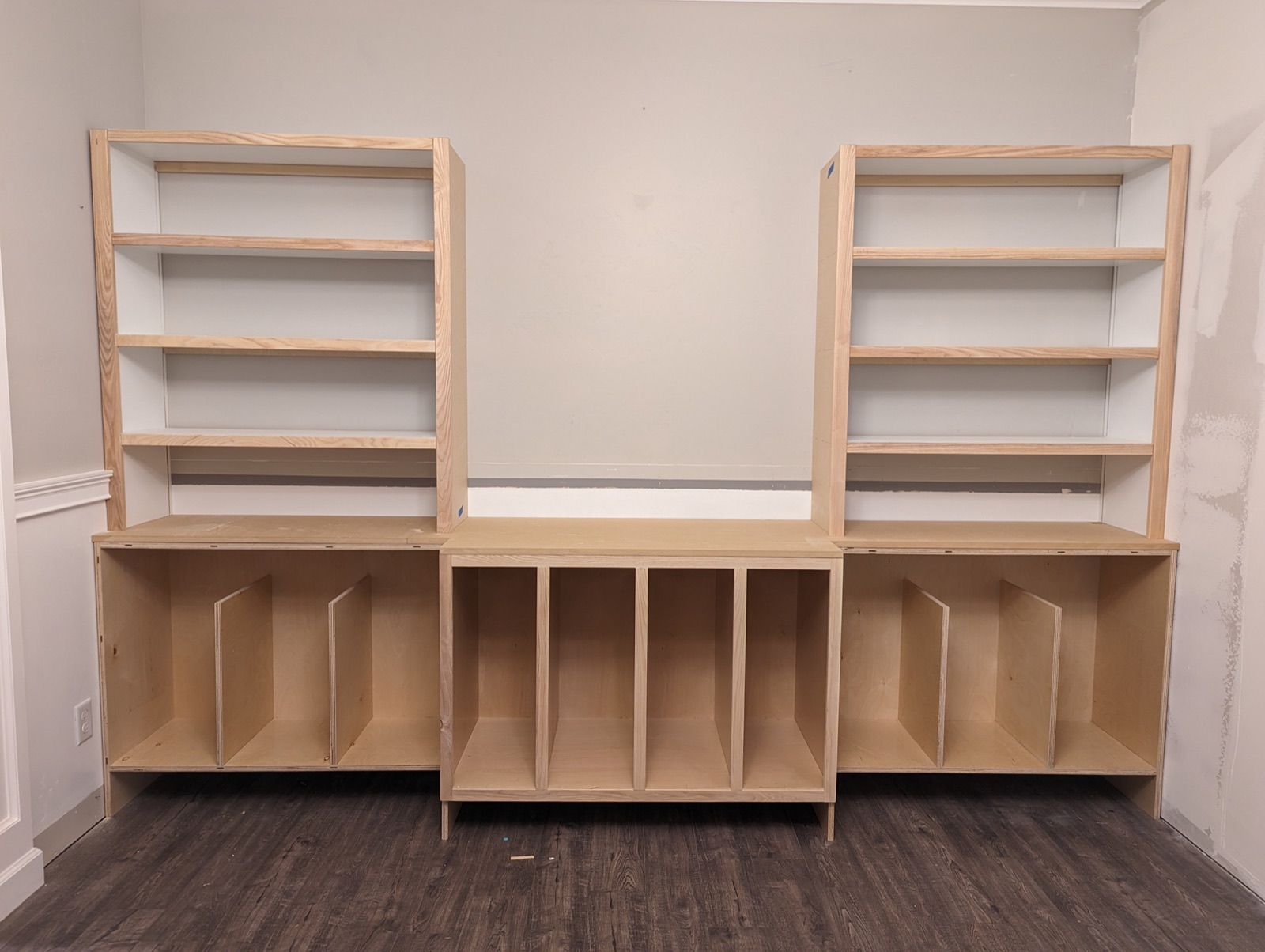 Cabinet bases and shelves installed