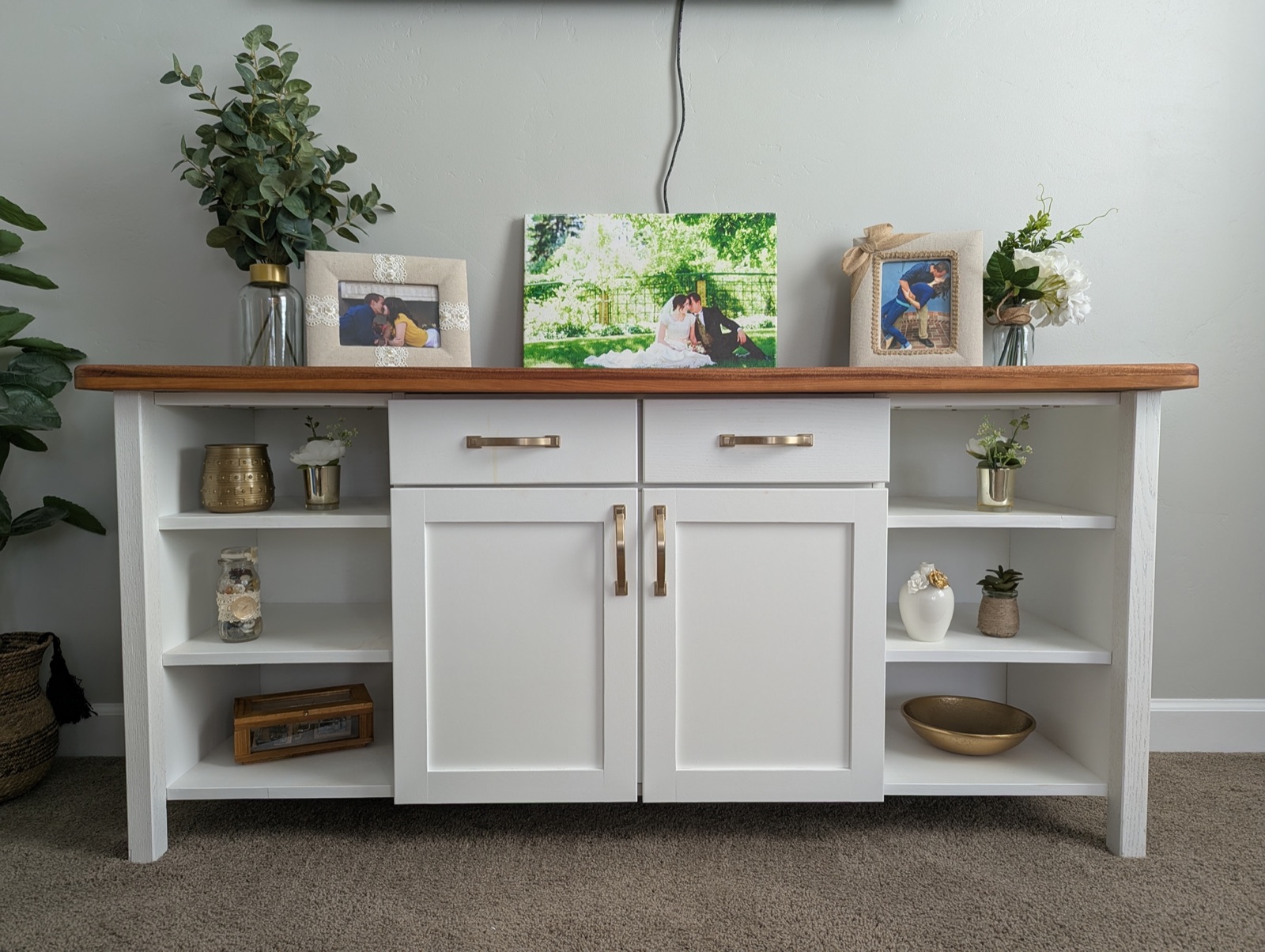 A finished TV stand and nightstand pair, built by Millhand Co.